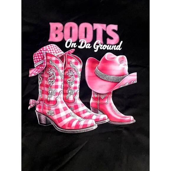 Black T-Shirt With Pink "Boots On Da Ground" Graphic Design Size XL - Picture 2 of 7